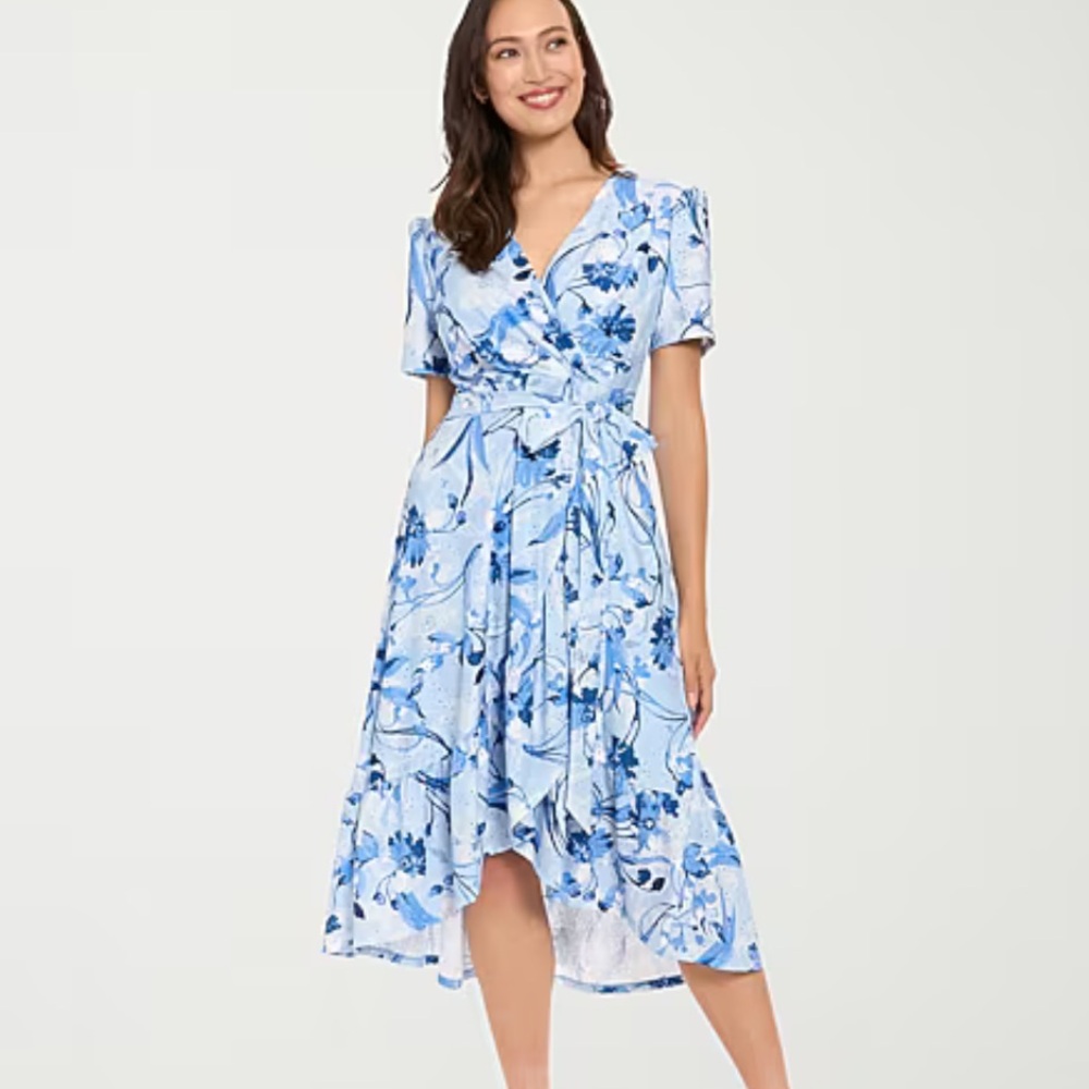 Lindon Style Light Blue Floral Faux Wrap Dress with Tie Waist Sz 8 NWT - Picture 3 of 7